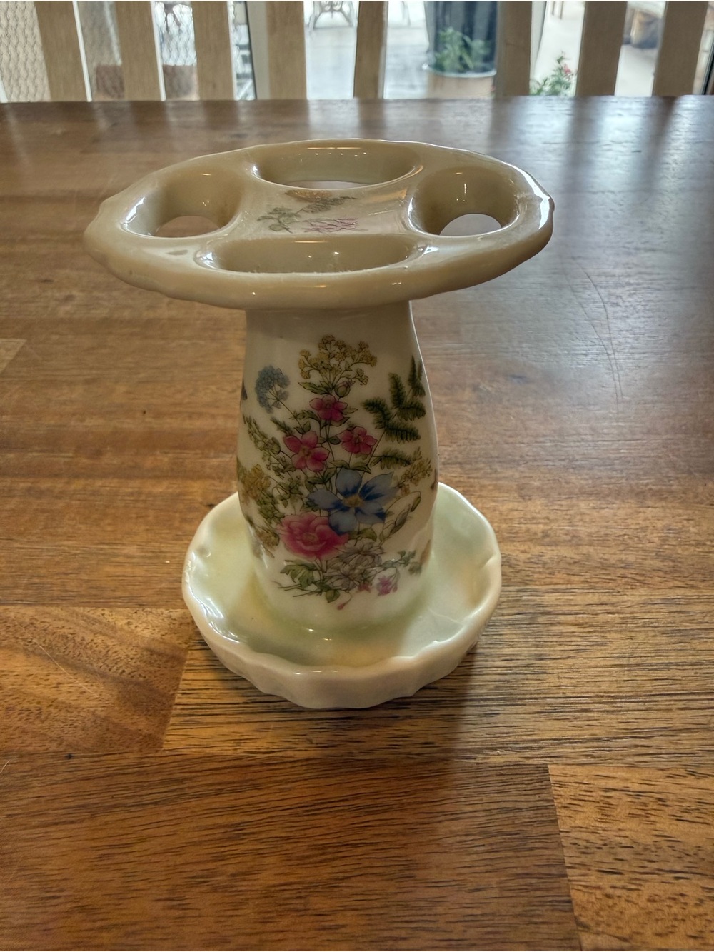 Vintage Porcelain Floral Toothbrush Holder - Cream with Pink & Blue Flowers